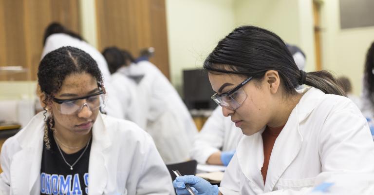 Two students in lab coats, seated doing a chemistry lab